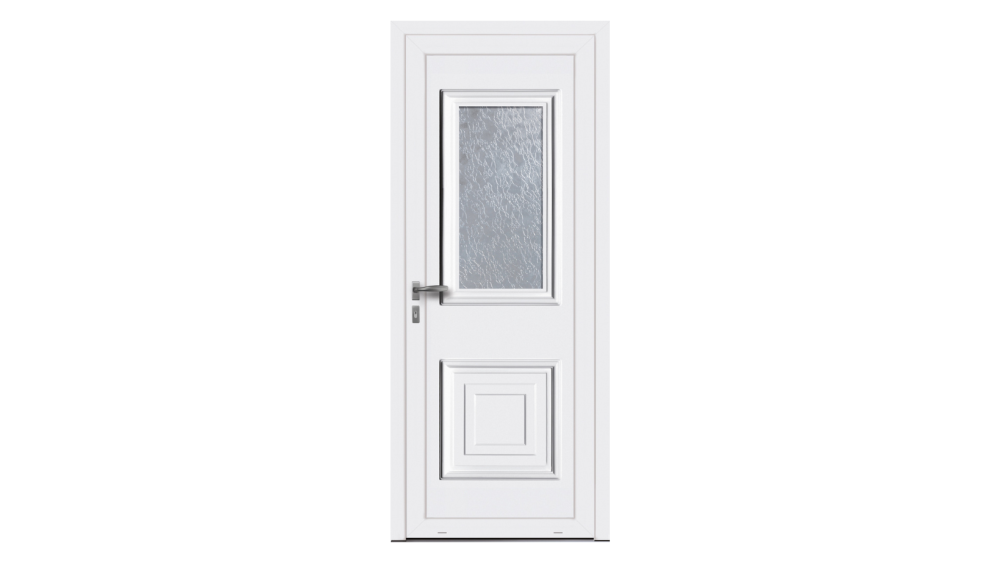 Porte d'entrée PVC parclosé NAJAC Porte d'entrée blanche avec surface vitrée et détails moulurés
